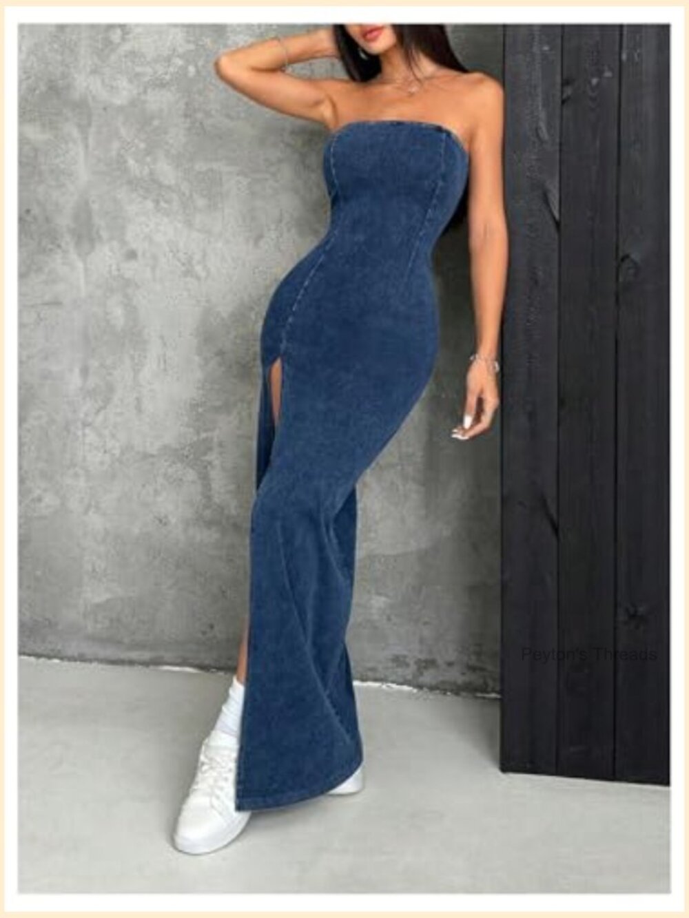 Strapless Denim Tube Dress Bodycon Maxi High Slit - Picture 2 of 5